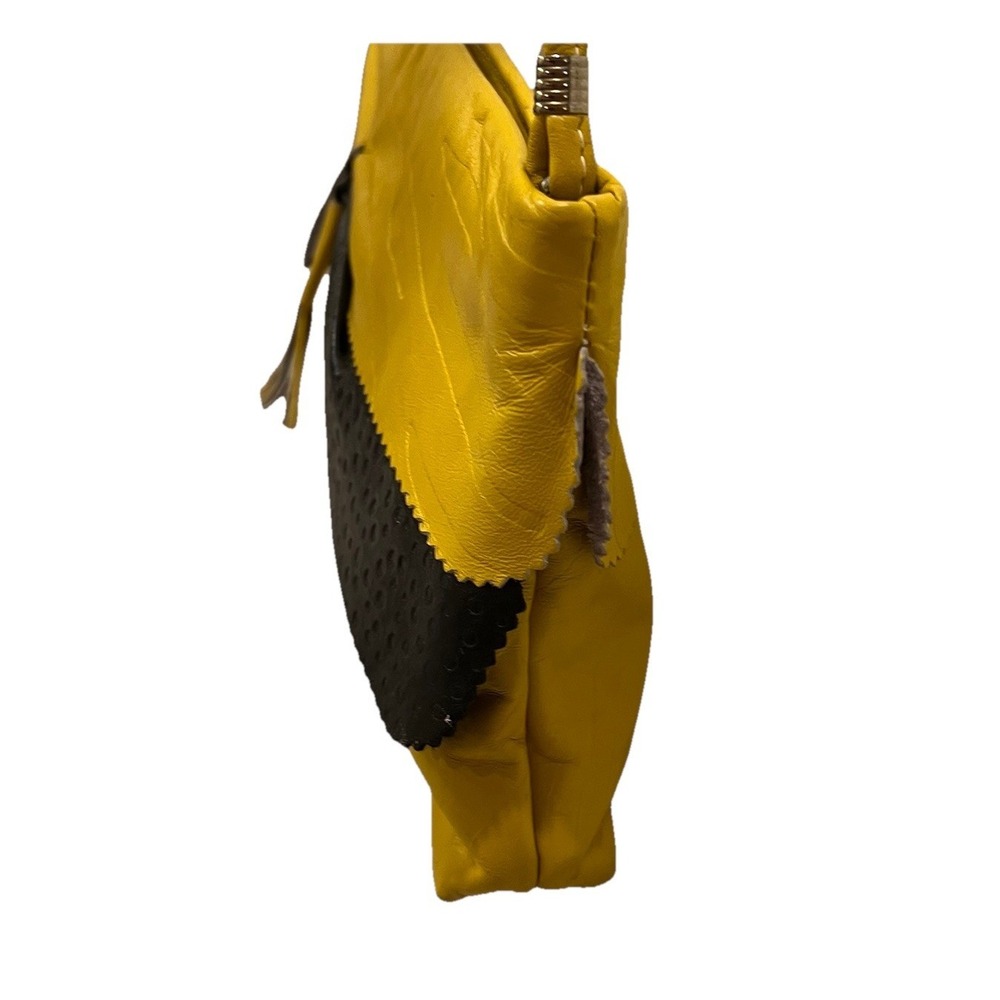 Vtg 80's Leather Shoulder Bag Clutch Hinged Yellow Black Tassel Party Club Retro - Picture 4 of 9